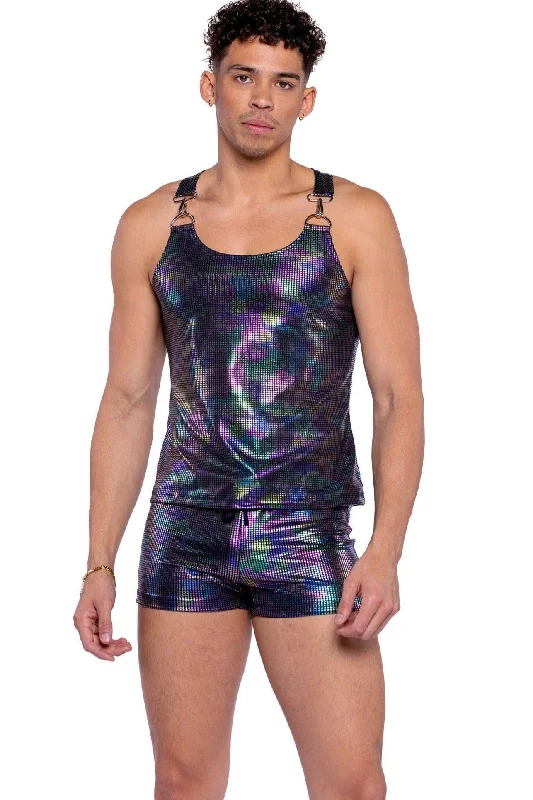 seamless men's tank topsRainbow Shimmer Camouflage Tank Top with Buckle Detail