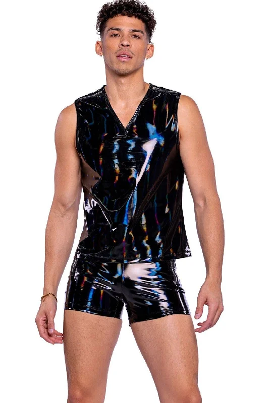 men's tank tops for sportsVinyl with Iridescent Print Tank Top with Zipper Detail