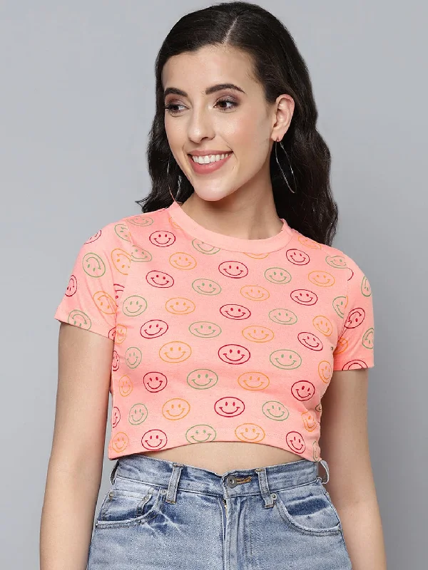 Women's quick dry t shirt Women Pink Smiley Slim Fit Crop T-shirt
