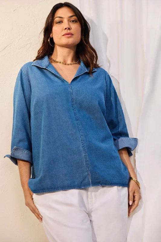 Women's oversized long sleeve linen blend shirt Agnes Plus Tencel® Denim 3/4 Sleeve Shirt