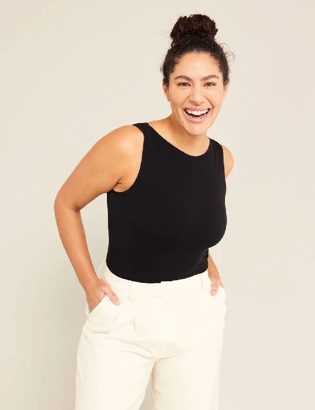 Women's slim fit t shirt Ribbed Boat Neck Bodysuit - Black