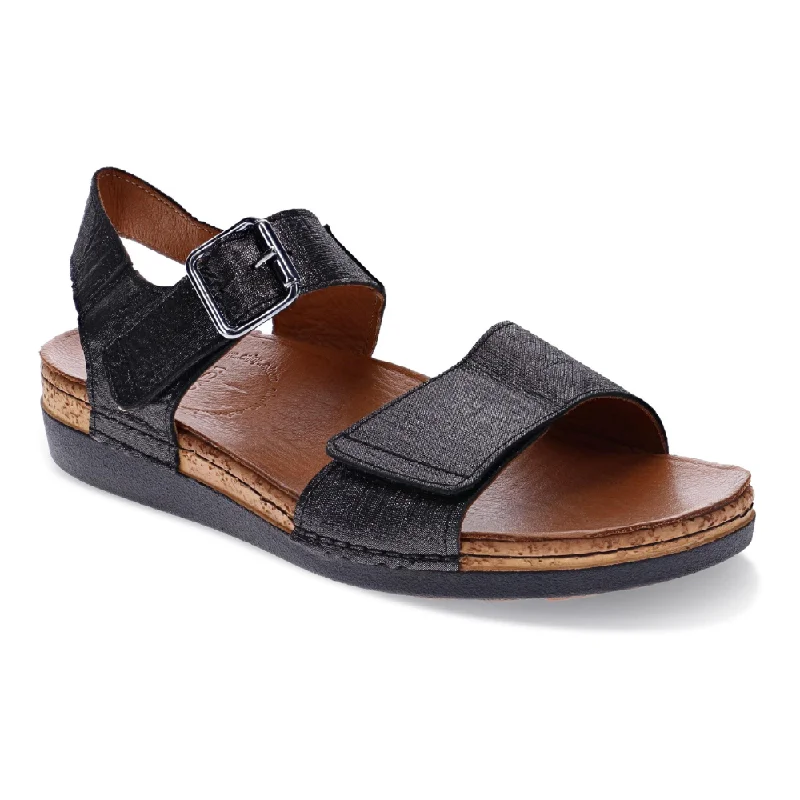 Revere Georgia 3 Strap Adjustable Black Linen Sandal (Women's)