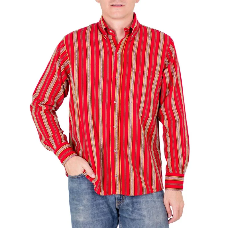 Men's Distressed Denim Casual Shirts with Frayed Edges for a Trendy and Rugged LookHandmade Men's Cotton 'Volcano of Fire' Shirt (Guatemala) Men's Distressed Denim Casual Shirts with Frayed Edges for a Trendy and Rugged LookHandmade Men's Cotton 'Volcano of Fire' Shirt (Guatemala)