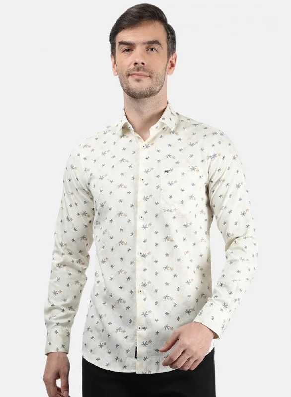 Plus Size Men's Striped Chambray Casual Shirts with a Spread Collar for a Preppy AppearanceMen Cream Printed Shirt Plus Size Men's Striped Chambray Casual Shirts with a Spread Collar for a Preppy AppearanceMen Cream Printed Shirt