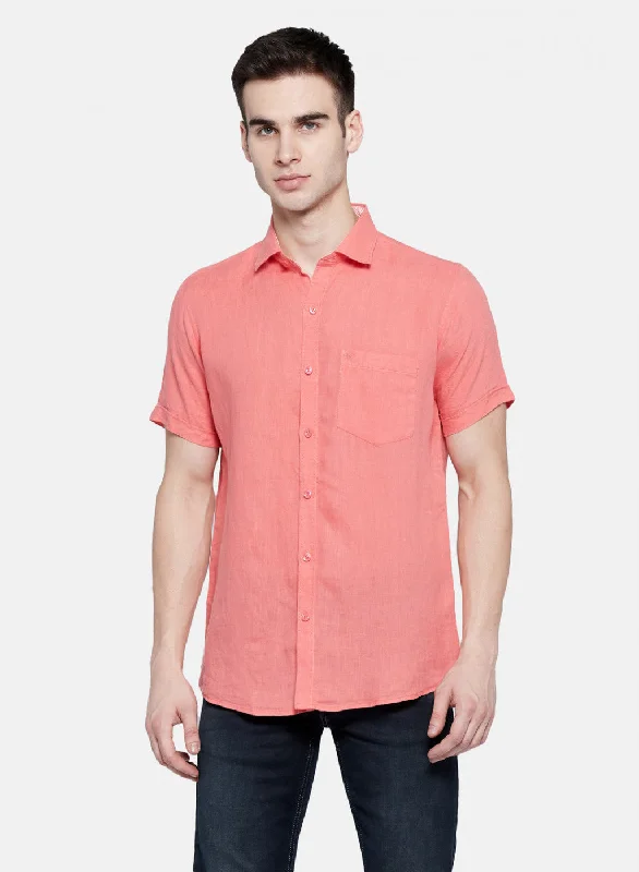 Men's Linen Blend Casual Shirts with Roll - Up Sleeves for a Summer Beach LookMens Peach Solid Shirt Men's Linen Blend Casual Shirts with Roll - Up Sleeves for a Summer Beach LookMens Peach Solid Shirt
