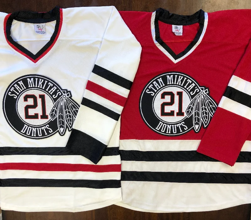 Men's Throwback Rugby Jerseys of Historic Matches and Teams for Rugby History BuffsCustom Hockey Jerseys with a Mikita's Donuts Embroidered Twill Logo Men's Throwback Rugby Jerseys of Historic Matches and Teams for Rugby History BuffsCustom Hockey Jerseys with a Mikita's Donuts Embroidered Twill Logo