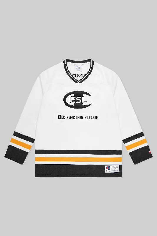 Men's Basketball Jerseys with Signature Player Logos for a Fan - Favorite LookESL x Champion Patch Hockey Jersey White Men's Basketball Jerseys with Signature Player Logos for a Fan - Favorite LookESL x Champion Patch Hockey Jersey White