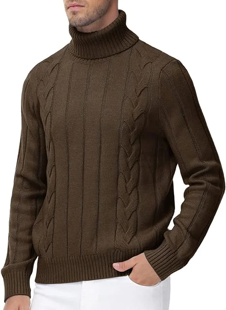 Men's Chunky Knit Wool Pullover in Dark Gray for a Cozy Winter LookMens Cable Knitted Turtleneck Jumper Pullover Sweater