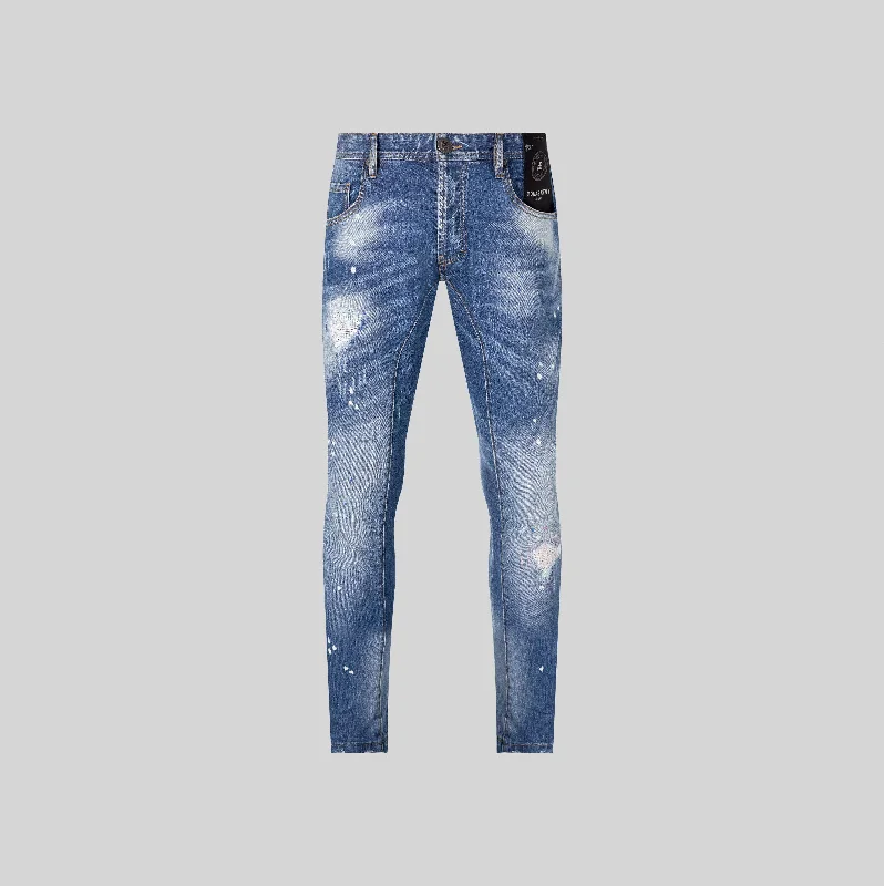 Men's Distressed Jeans with Patches for a Retro and DIY - Inspired AppearanceAMON BLUE JEAN