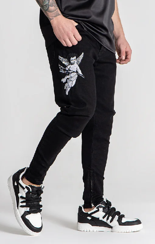 Plus Size Men's Relaxed Fit Jeans with a Faded Wash for a Vintage - Inspired LookBlack Angel Patch Jeans