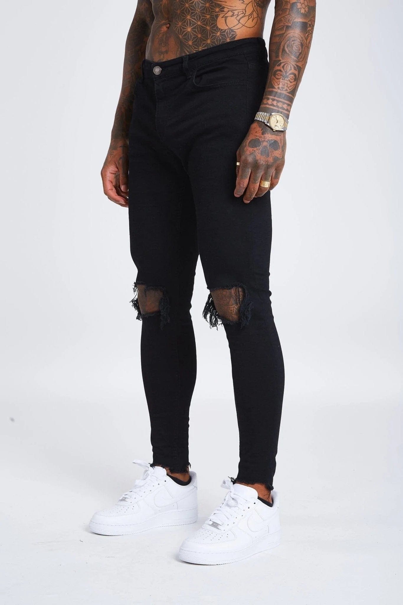 Men's Jeans with an Elastic Waistband for Ultimate ComfortSKINNY FIT JEANS DESTROYED KNEE - BLACK