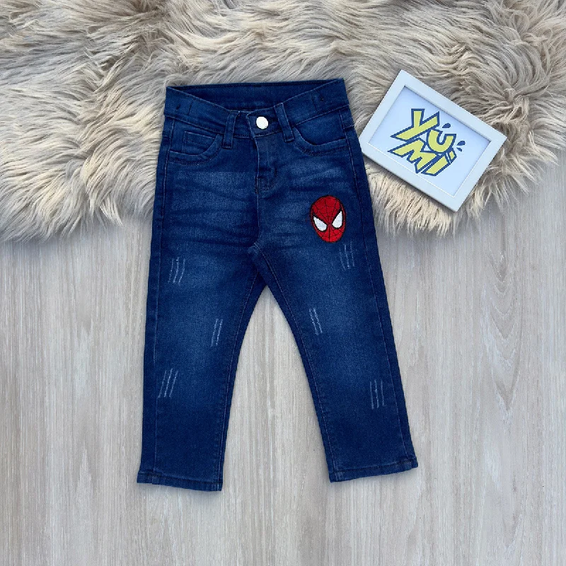 Men's Jeans with a Button - Fly for a Traditional and Classic AestheticBoy's Jeans with SpiderMan Embroidery