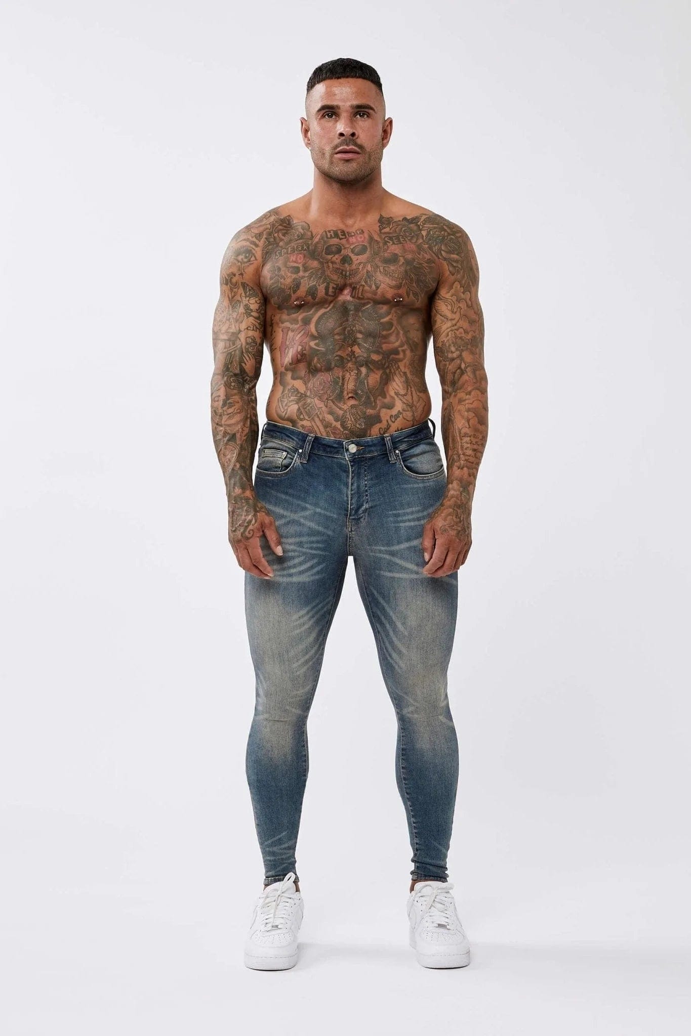 Plus Size Men's Relaxed Fit Jeans with a Tapered Leg for a Laid - Back VibeDEEP INDIGO BLUE SPRAY-ON JEANS