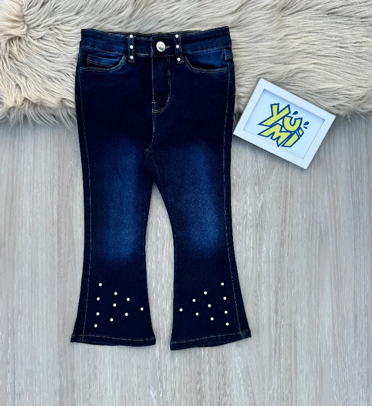 Men's Jeans with a Zip - Off Lower Leg for Convertible StyleComfy & Chic: Girls' Dark Blue Bell Bottoms with Pearls
