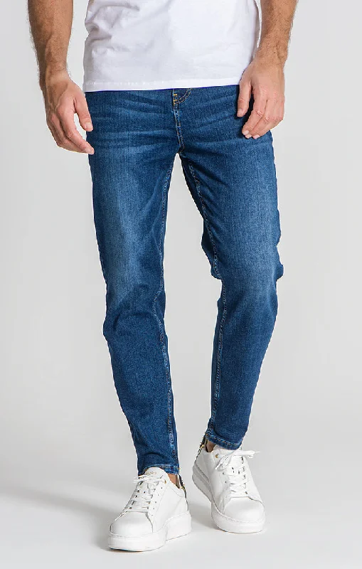 Men's Ripped Skinny Jeans in Acid Wash for an Edgy and Punk - Inspired StyleDark Blue Carrot Leg Jeans