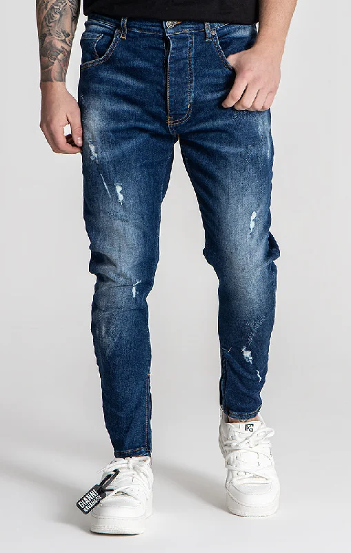 Men's Jeans with a Frayed Hem for a Casual and Effortless StyleDark Blue Distressed Zip Jeans