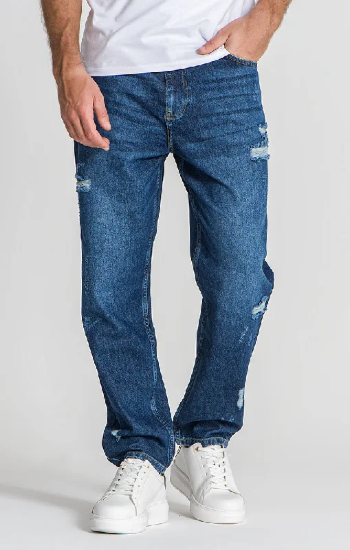 Men's Jeans with a Button - Fly for a Traditional and Classic AestheticDark Blue Ripped Balloon Leg Jeans