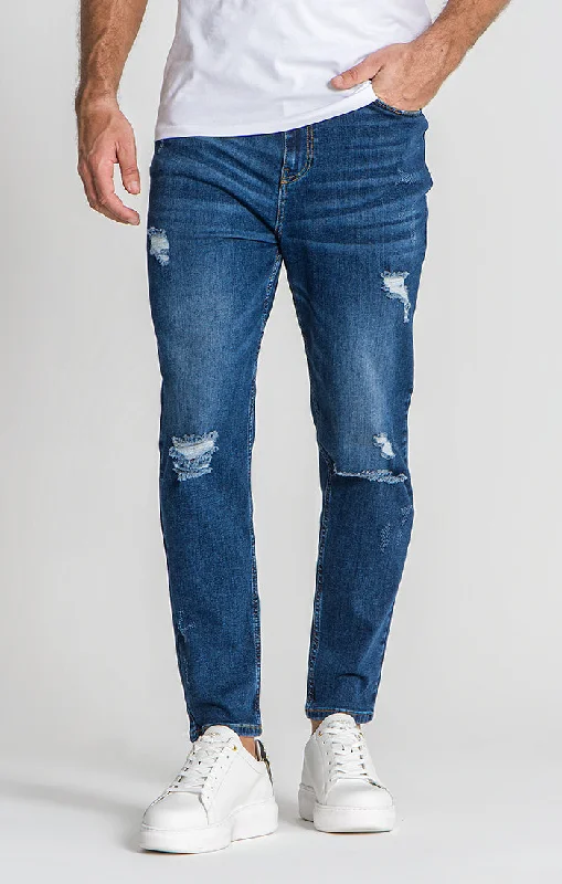 Men's Stretch Jeans with a Moisture - Wicking Lining for Active LifestylesDark Blue Ripped Carrot Leg Jeans