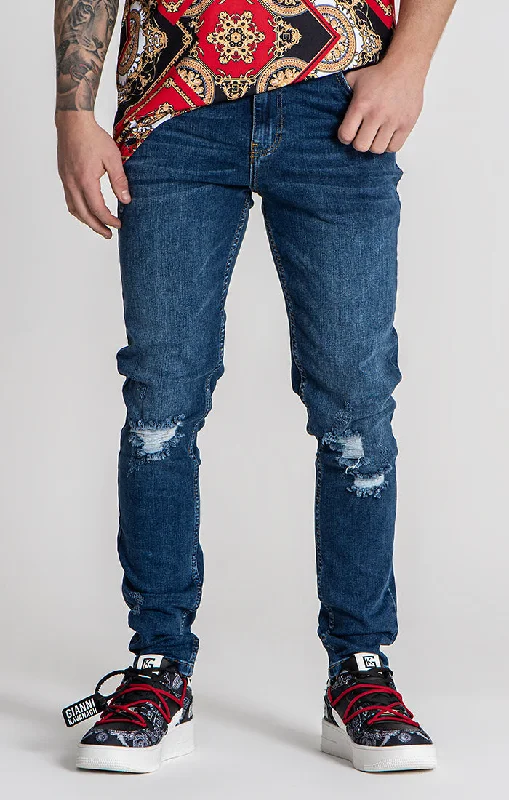 Men's Jeans with a Frayed Hem for a Casual and Effortless StyleDark Blue Core Ripped Slim Fit Jeans