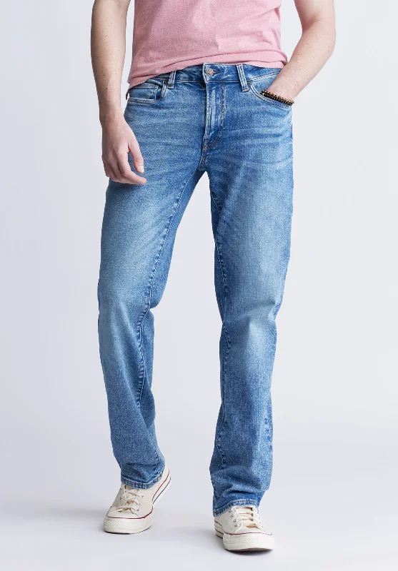 Men's High - Waisted Jeans in a Medium Wash for a Vintage - Style RevivalRelaxed Straight Driven Men's Jeans, Heavily Sanded and Worked - BM22984