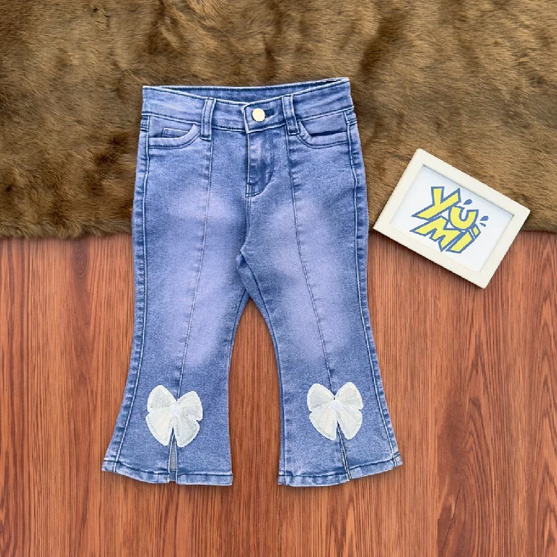 Men's Straight Leg Raw Denim Jeans for a Minimalist and Durable OptionGirls' Denim Flare Pants with Bow Patch