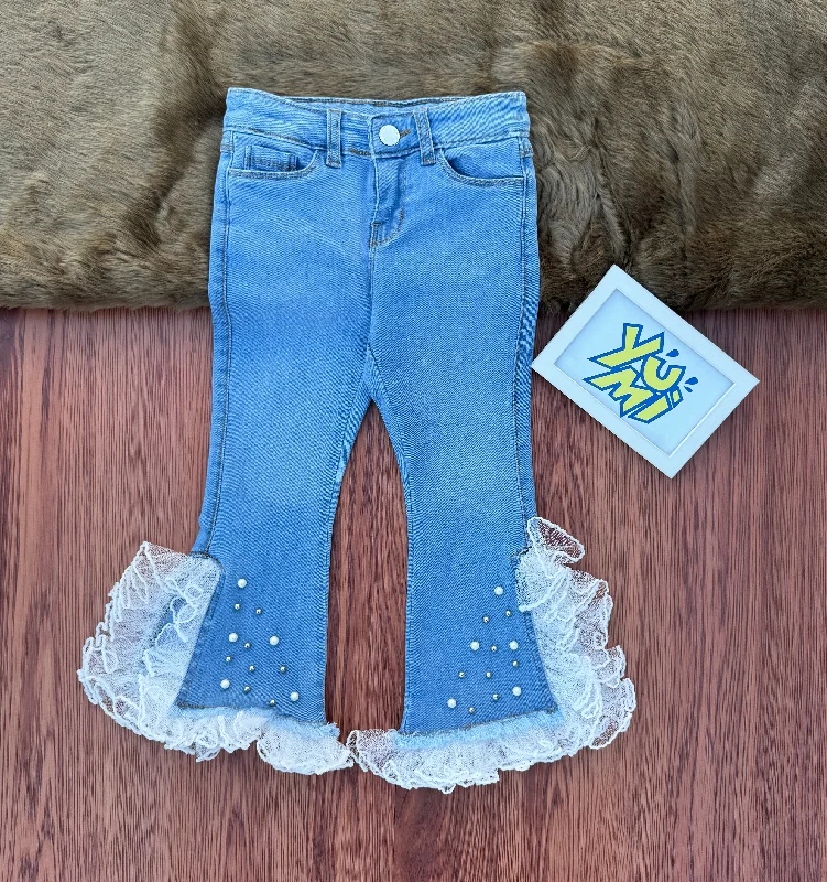Men's Jeans with a Frayed Hem for a Casual and Effortless StyleGirls' High-Fashion Flare Jeans: Frills, Pearls, & Comfort