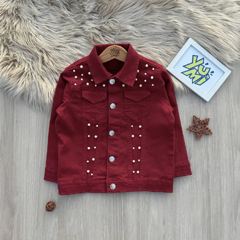 Men's Jeans with a Hidden Coin Pocket for Added ConvenienceGirls' Maroon Denim Jacket with Pearl Accents