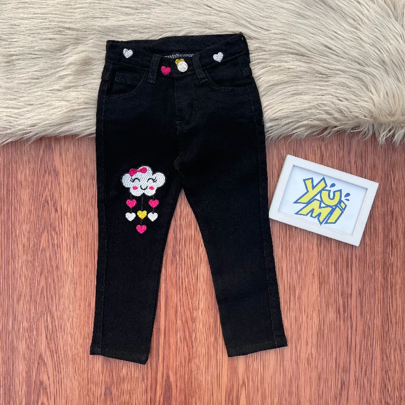 Men's Jeans with a Hidden Coin Pocket for Added ConvenienceHeartfelt Style: Girls' Jet Black Skinny Jeans with Vibrant Embroidery