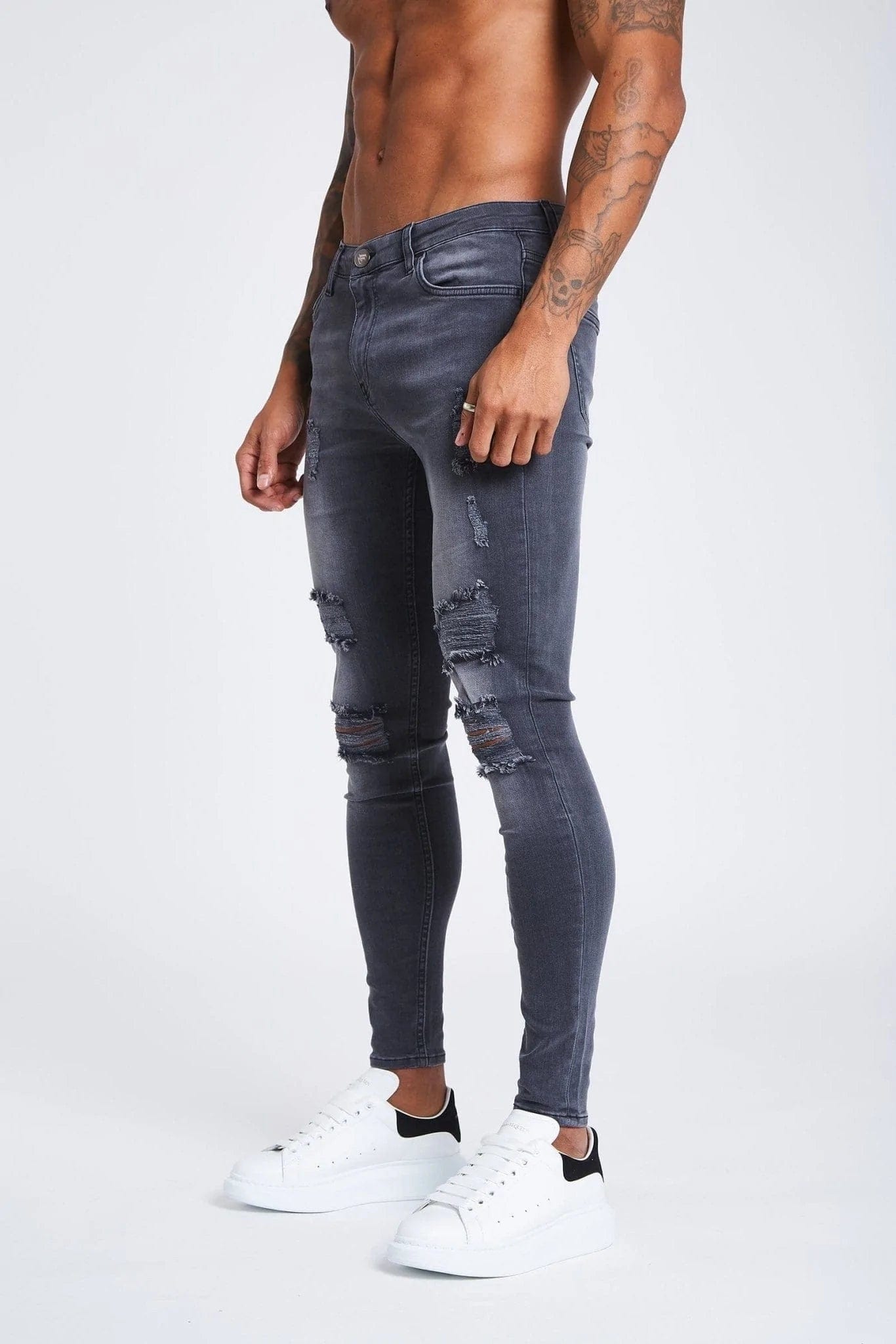 Plus Size Men's Relaxed Fit Jeans with a Faded Wash for a Vintage - Inspired LookSKINNY FIT JEANS RIPPED & REPAIRED - LIGHT GREY