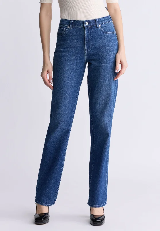 Plus Size Men's Relaxed Fit Jeans with a Faded Wash for a Vintage - Inspired LookMid Rise Straight Mary Women's Jeans, Contrasting Indigo  - BL15988