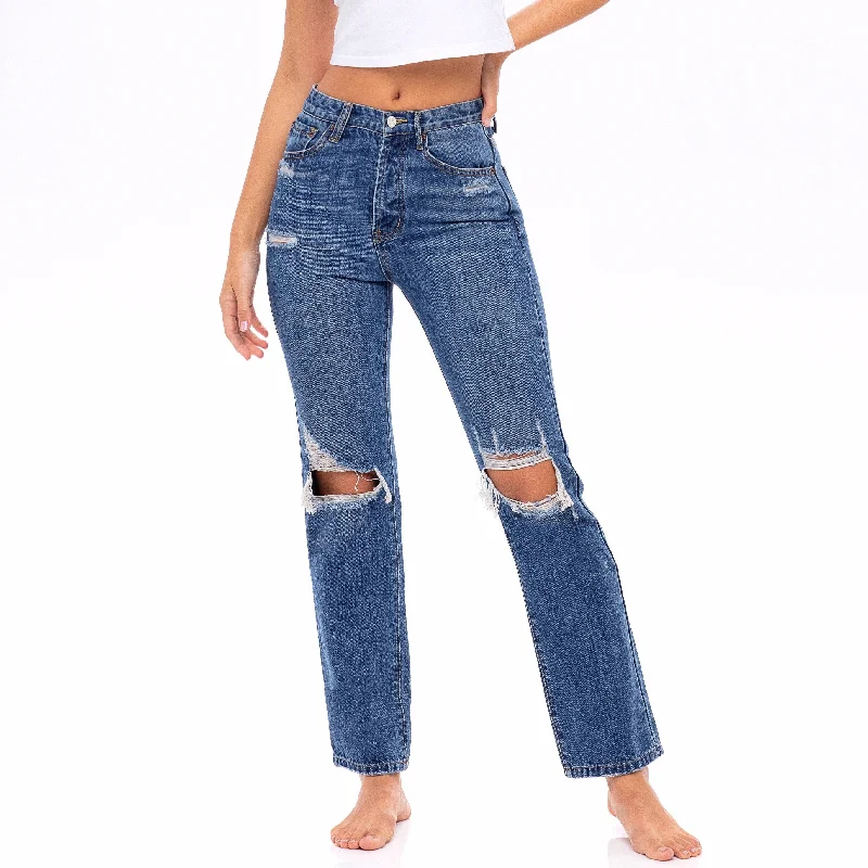Plus Size Men's Relaxed Fit Jeans with a Faded Wash for a Vintage - Inspired LookMedium Wash, Distressed High Waisted Jeans - The Tulip