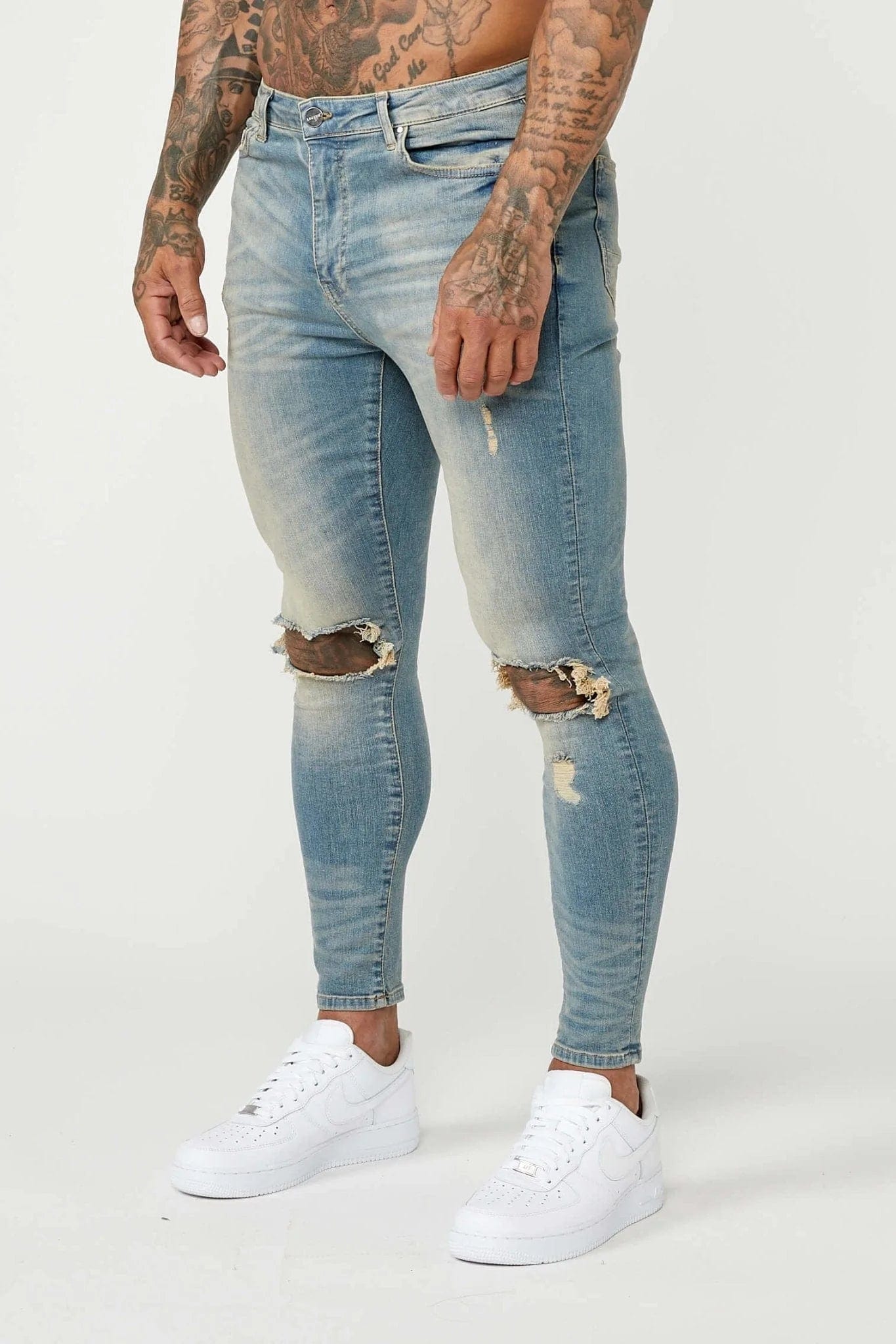 Men's Jeans with an Elastic Waistband for Ultimate ComfortPREMIUM SKINNY FIT JEANS DESTROYED KNEE- STONE WASH