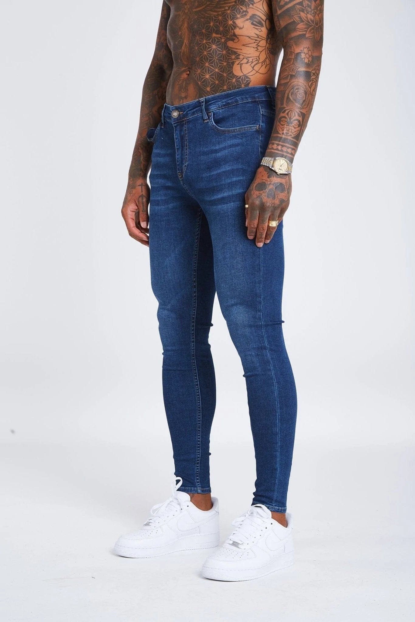 Plus Size Men's Relaxed Fit Jeans with a Faded Wash for a Vintage - Inspired LookSKINNY FIT JEANS NON RIPPED - DARK BLUE