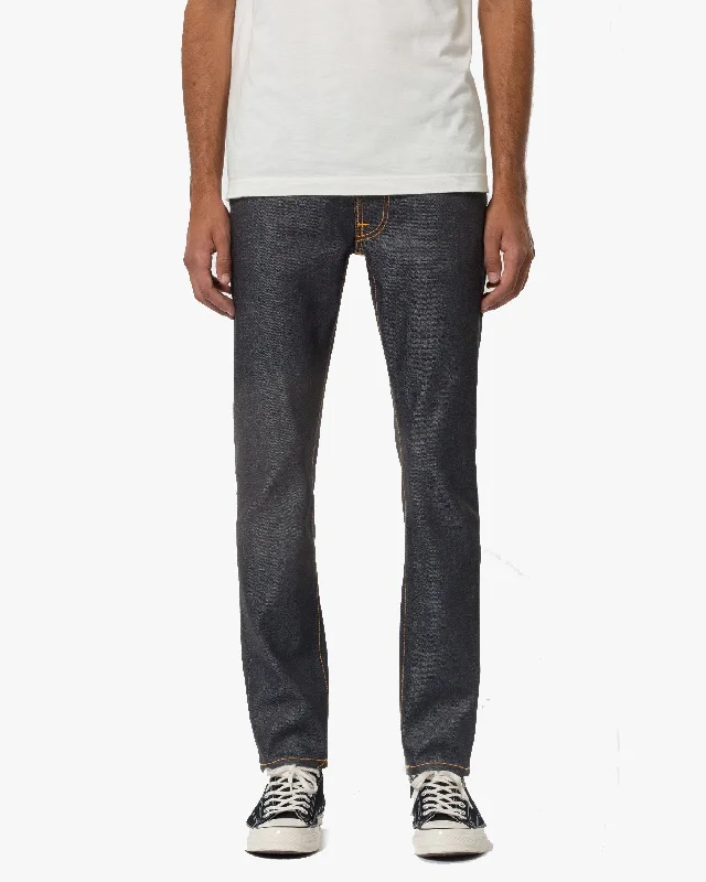 Men's Distressed Jeans with Patches for a Retro and DIY - Inspired AppearanceNudie Lean Dean Slim Tapered Mens Jeans - Dry Japan Selvage