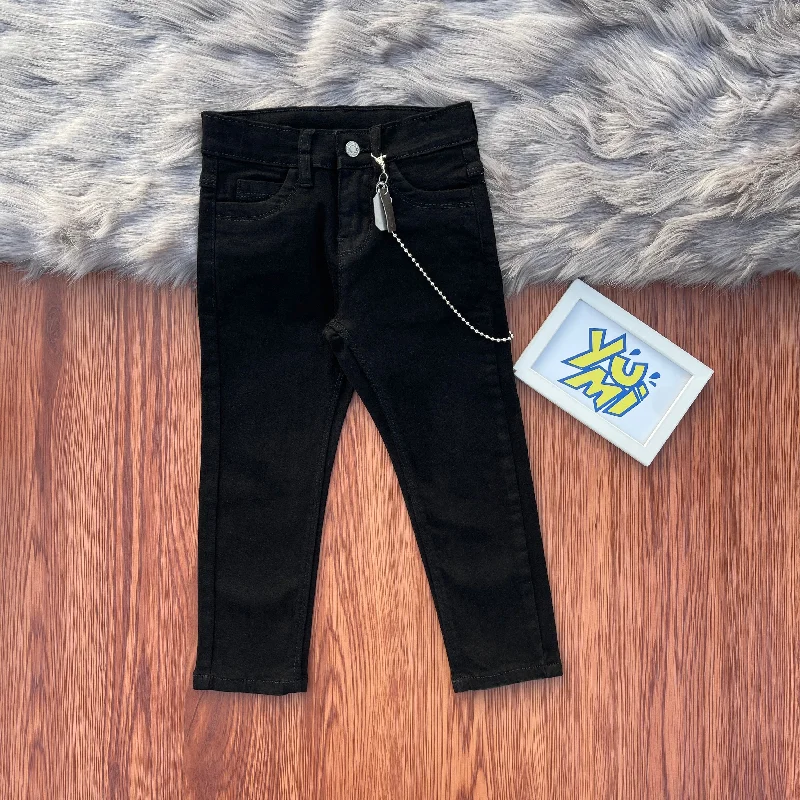 Men's Distressed Jeans with Patches for a Retro and DIY - Inspired AppearanceRockstar Ready: Boys' Black Jeans with Cool Chain