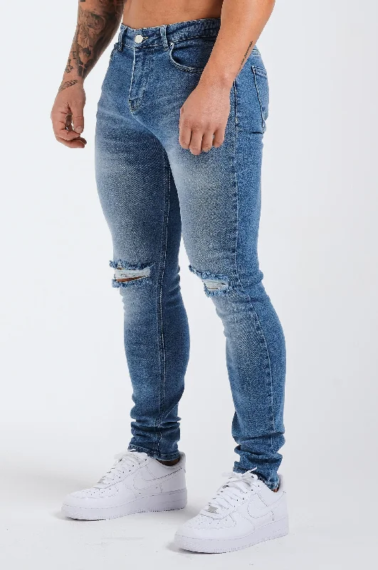 Plus Size Men's Straight Leg Jeans with Reinforced Knees for DurabilitySLIM FIT JEANS 2.0 ESSENTIAL RIPPED - BLUE WASH