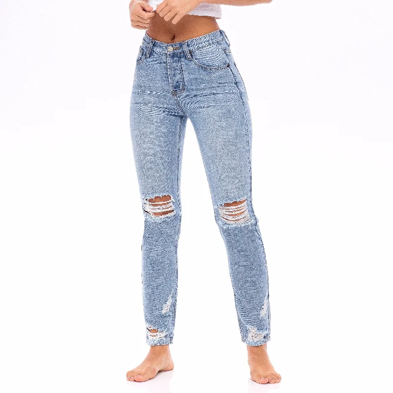 Men's Straight Leg Raw Denim Jeans for a Minimalist and Durable OptionStar Stitched Pockets - Distressed High Waisted Mom Jeans  - The Zinnia