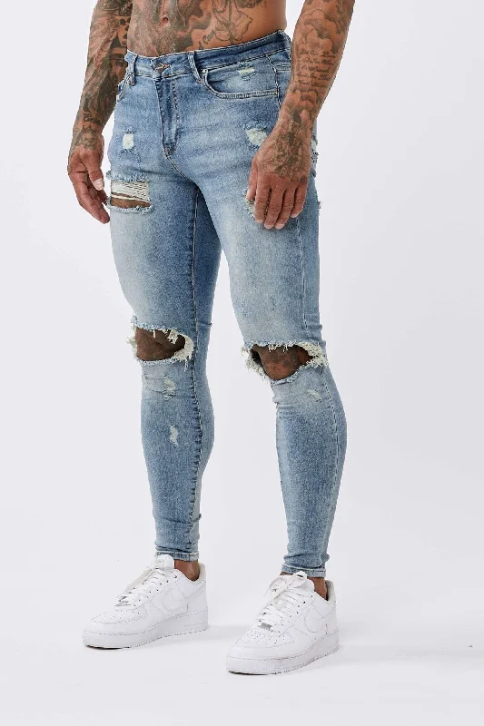 Men's Jeans with an Elastic Waistband for Ultimate ComfortSKINNY FIT JEANS RIPPED & REPAIRED - STRONG WASHED MID BLUE