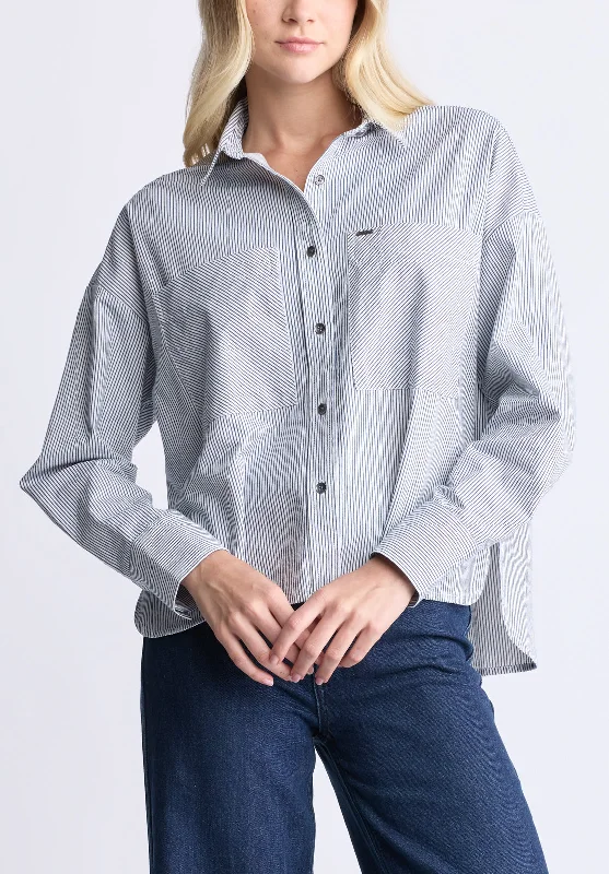 Plus Size Men's Bootcut Jeans with a Relaxed Waist for a Classic and Comfortable FitTwyla Women's Boxy Striped Button-Up Shirt, Whale & white - WT0084H