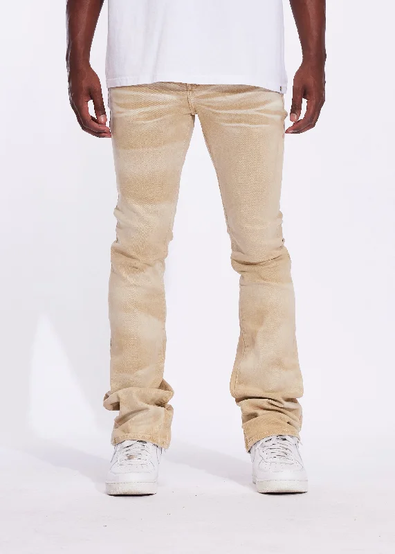 Men's Distressed Jeans with Patches for a Retro and DIY - Inspired AppearanceArch Flare Denim (Washed Tan) Men's Distressed Jeans with Patches for a Retro and DIY - Inspired AppearanceArch Flare Denim (Washed Tan)