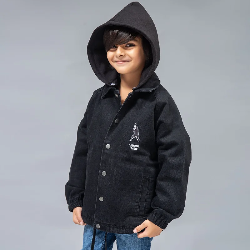 Men's Distressed Jeans with Patches for a Retro and DIY - Inspired AppearanceQuilted Denim Jacket With Hood (Black Stone Wash)