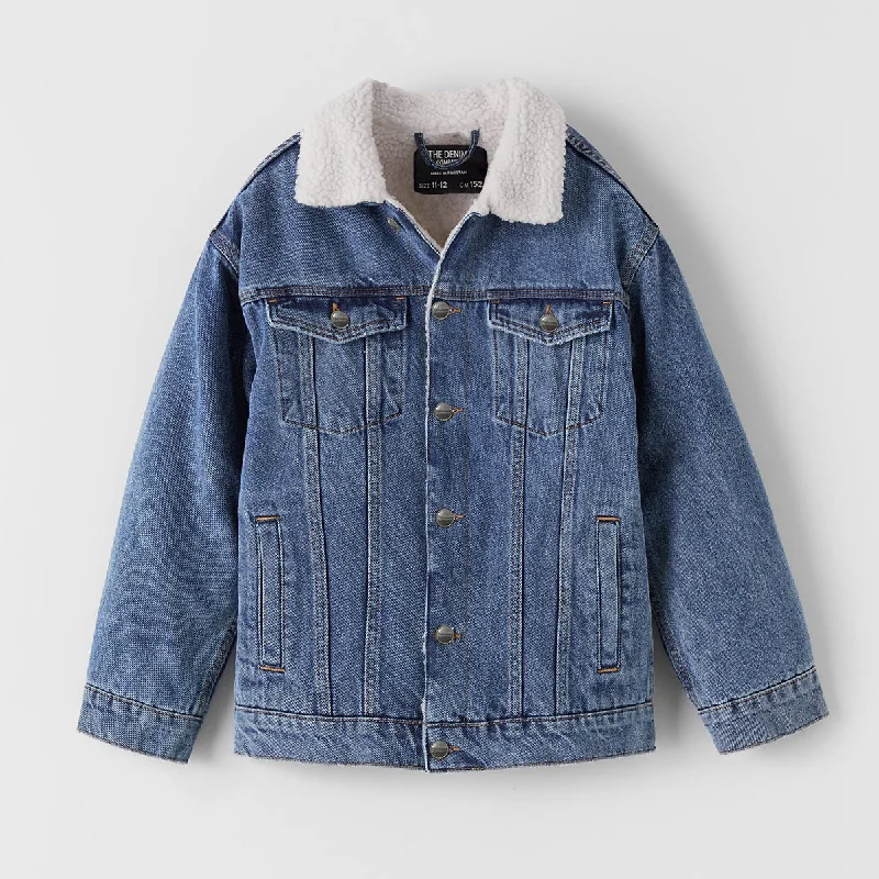 Men's Jeans with a Hidden Coin Pocket for Added ConvenienceMid wash jacket with white sherpa