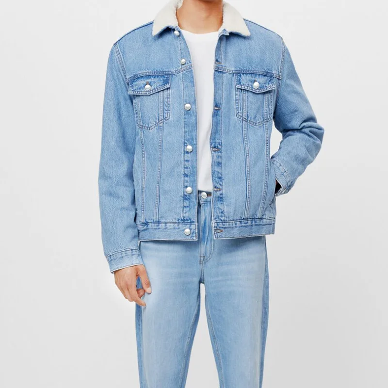 Men's Distressed Jeans with Patches for a Retro and DIY - Inspired AppearanceDenim Jacket Light Blue with Sherpa Men's Distressed Jeans with Patches for a Retro and DIY - Inspired AppearanceDenim Jacket Light Blue with Sherpa