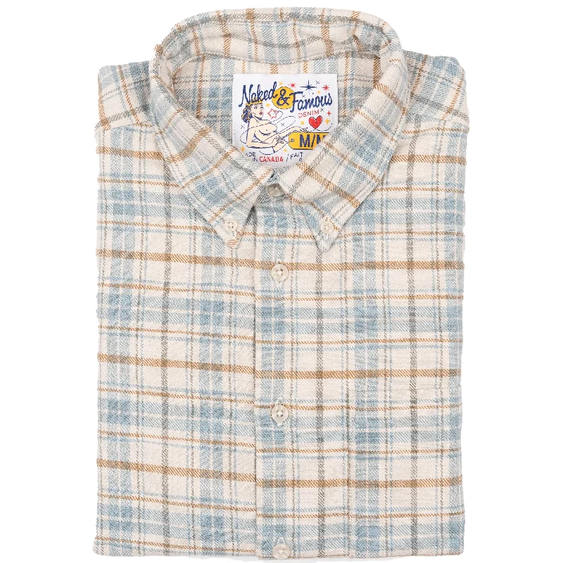 Men's High - Waisted Jeans in a Medium Wash for a Vintage - Style RevivalEasy Shirt - Big Slub Check Flannel - Pale Blue Men's High - Waisted Jeans in a Medium Wash for a Vintage - Style RevivalEasy Shirt - Big Slub Check Flannel - Pale Blue