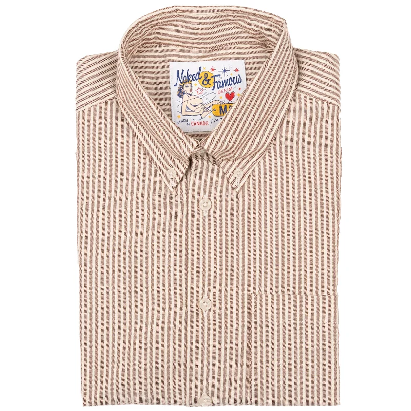 Men's High - Waisted Jeans in a Medium Wash for a Vintage - Style RevivalEasy Shirt - Soft Finish Classic Stripe - Cream + Brown Men's High - Waisted Jeans in a Medium Wash for a Vintage - Style RevivalEasy Shirt - Soft Finish Classic Stripe - Cream + Brown