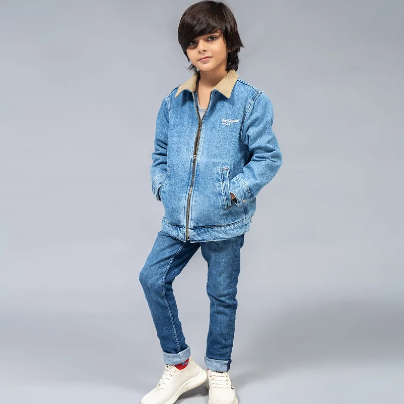 Men's Jeans with a Zip - Off Lower Leg for Convertible StyleSherpa Jacket With Courdoroy (Mid Blue)