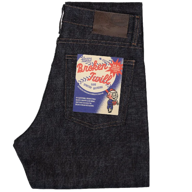 Men's Distressed Jeans with Patches for a Retro and DIY - Inspired AppearanceMax - Broken Twill Slub Stretch Selvedge Men's Distressed Jeans with Patches for a Retro and DIY - Inspired AppearanceMax - Broken Twill Slub Stretch Selvedge