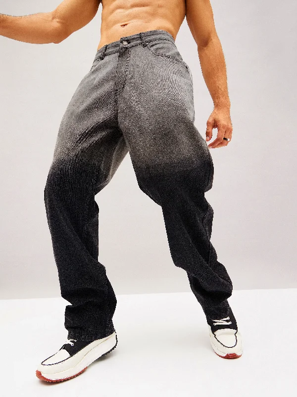 Men's Jeans with a Cargo - Inspired Knee Pocket for Extra StorageMen Black Ombre Relax Fit Jeans