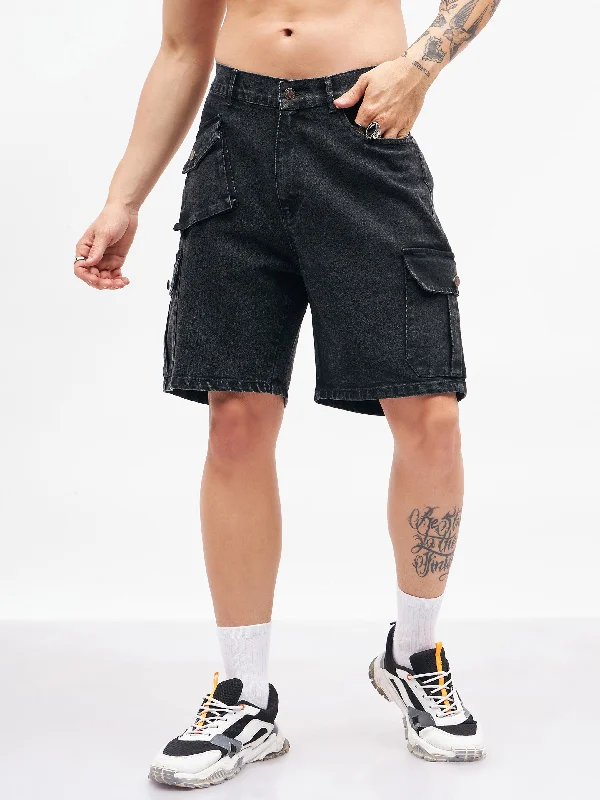Plus Size Men's Relaxed Fit Jeans with a Faded Wash for a Vintage - Inspired LookMen Black Utility Pocket Denim Shorts Plus Size Men's Relaxed Fit Jeans with a Faded Wash for a Vintage - Inspired LookMen Black Utility Pocket Denim Shorts