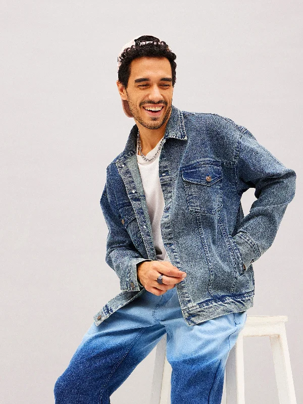 Men's Jeans with a Zip - Off Lower Leg for Convertible StyleMen Blue Washed Relax Fit Denim Jacket Men's Jeans with a Zip - Off Lower Leg for Convertible StyleMen Blue Washed Relax Fit Denim Jacket